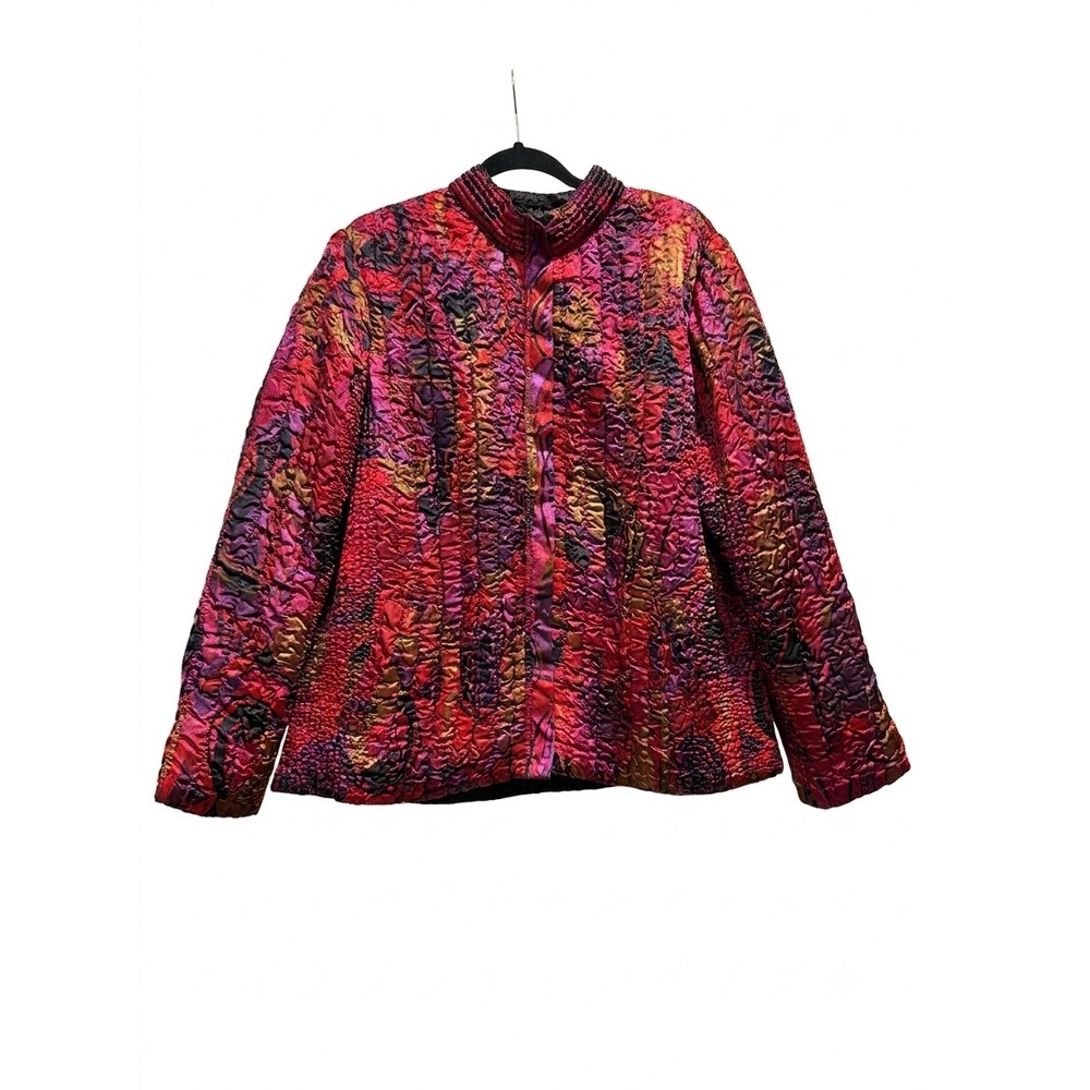 Ruby Rd Woman Quilted Jacket 1X Pink Red Gold Abstract Floral Mandarin Collar